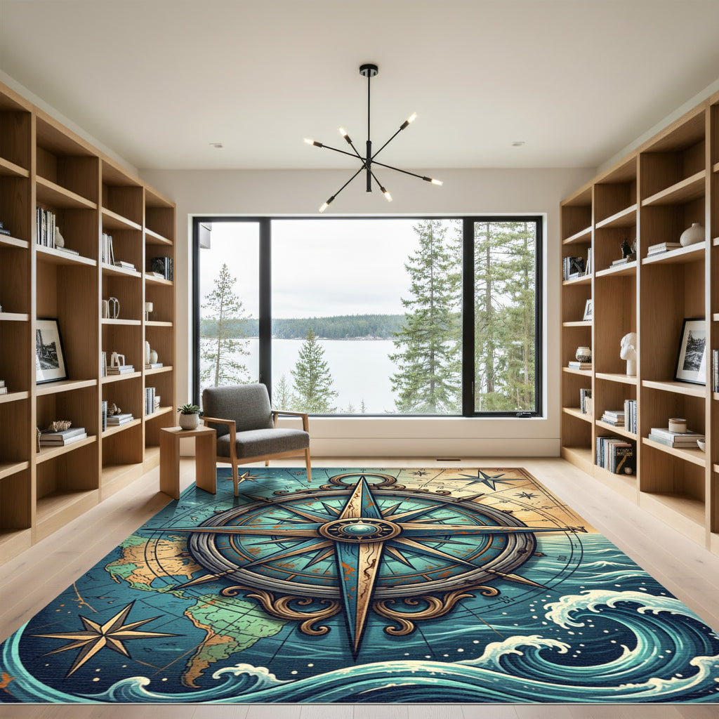 Nautical Compass Antique Map Teal Rug