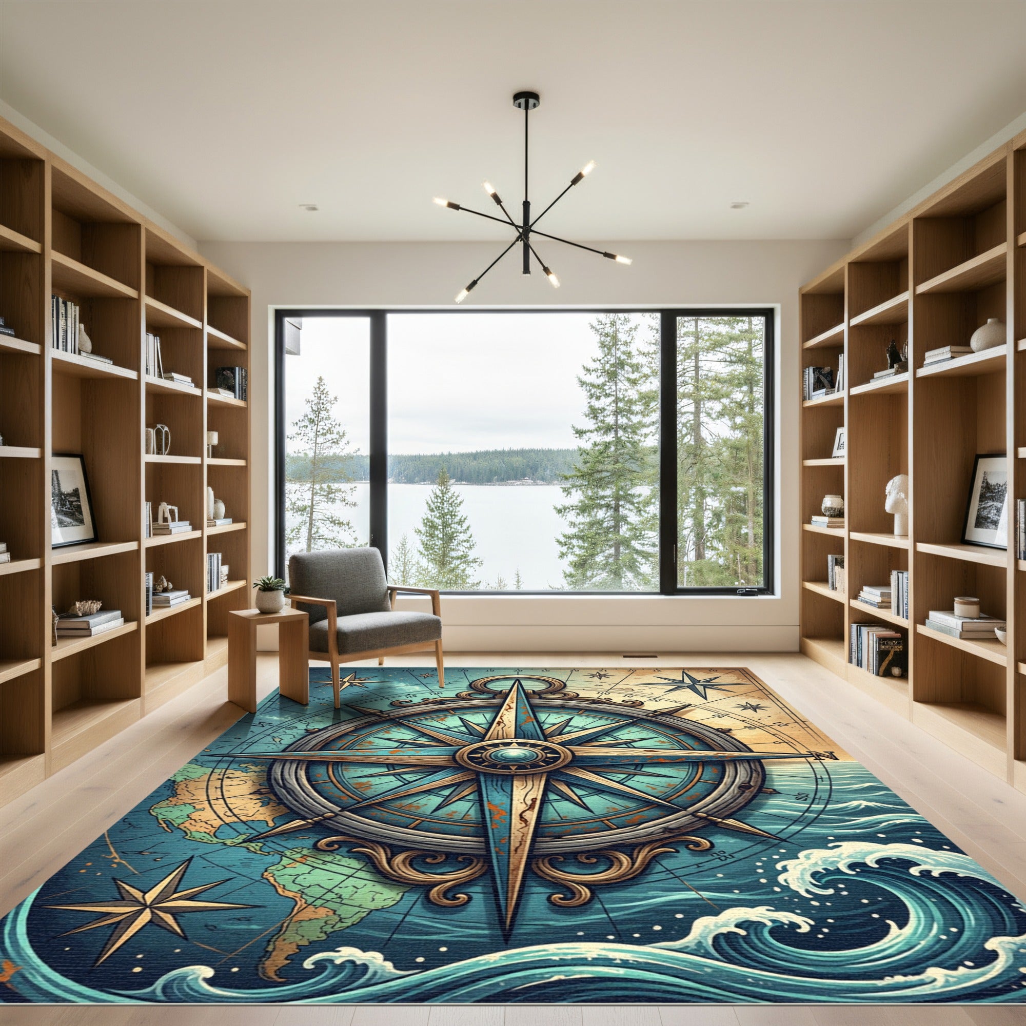 Nautical Compass Antique Map Teal Rug