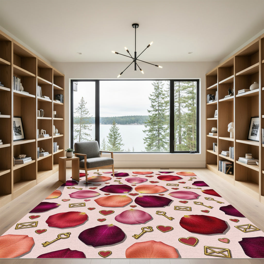 Red Pink Rose Petal Heart Keys Rug
