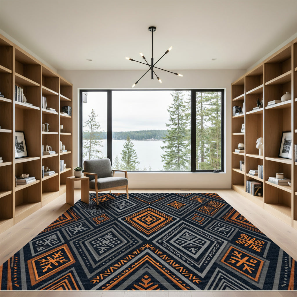Dark Orange Gray Diamond Tribal Rug