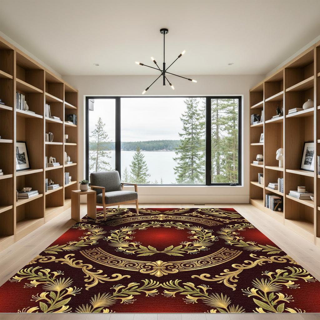 Ornate Crimson Gold Laurel Wreath Rug