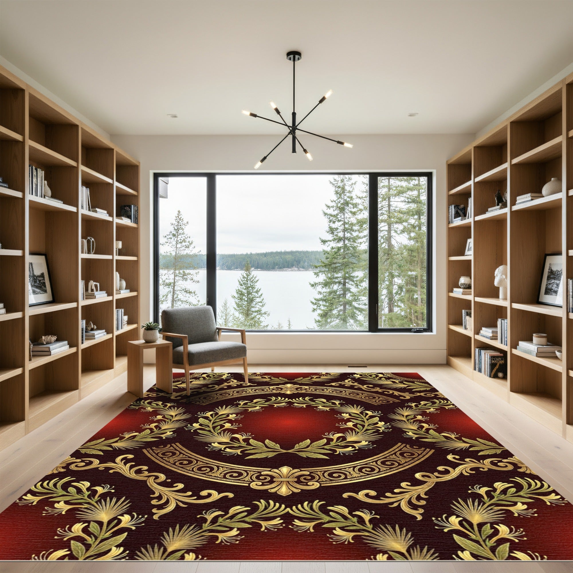 Ornate Crimson Gold Laurel Wreath Rug