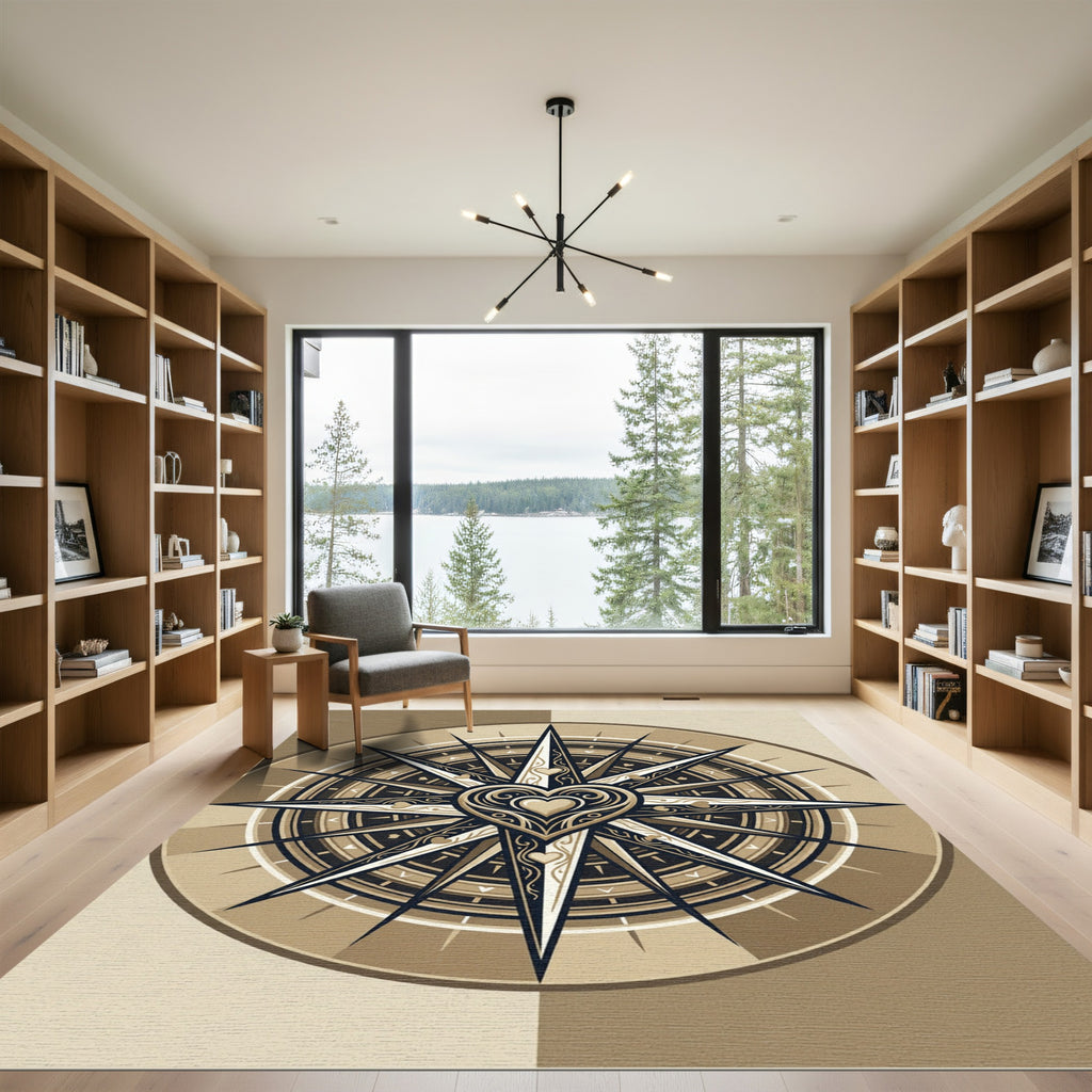 Elegant Golden Heart Compass Rose Rug