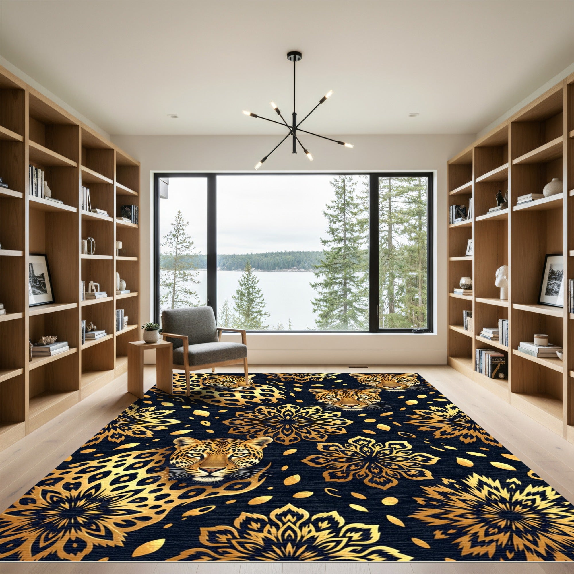 Golden Leopard Floral Mandala Collage Rug