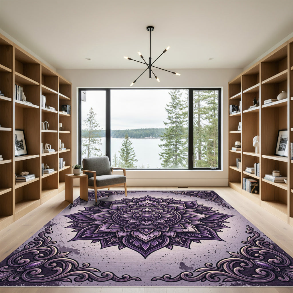 Ornate Amethyst Floral Mandala Scroll Rug