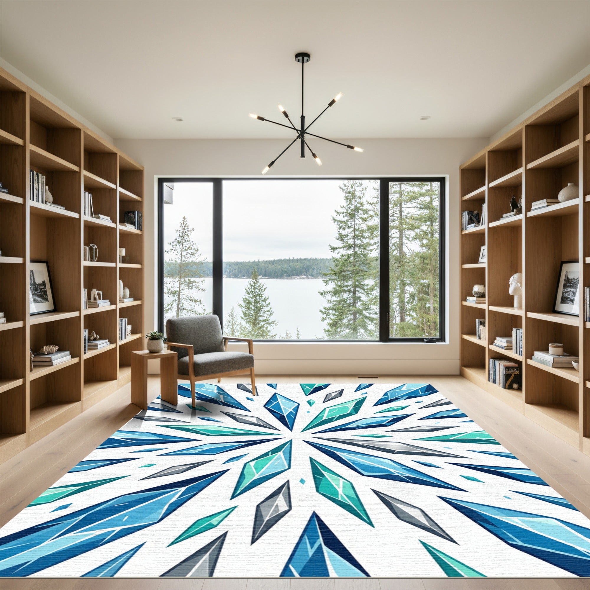 Radiant Blue Turquoise Geometric Crystal Burst Rug