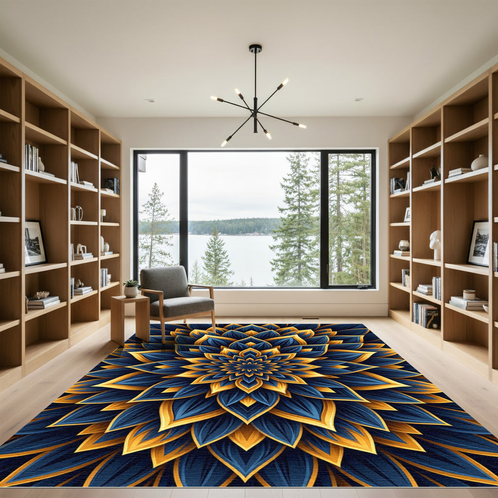 Golden Sapphire Radiant Floral Mandala Rug