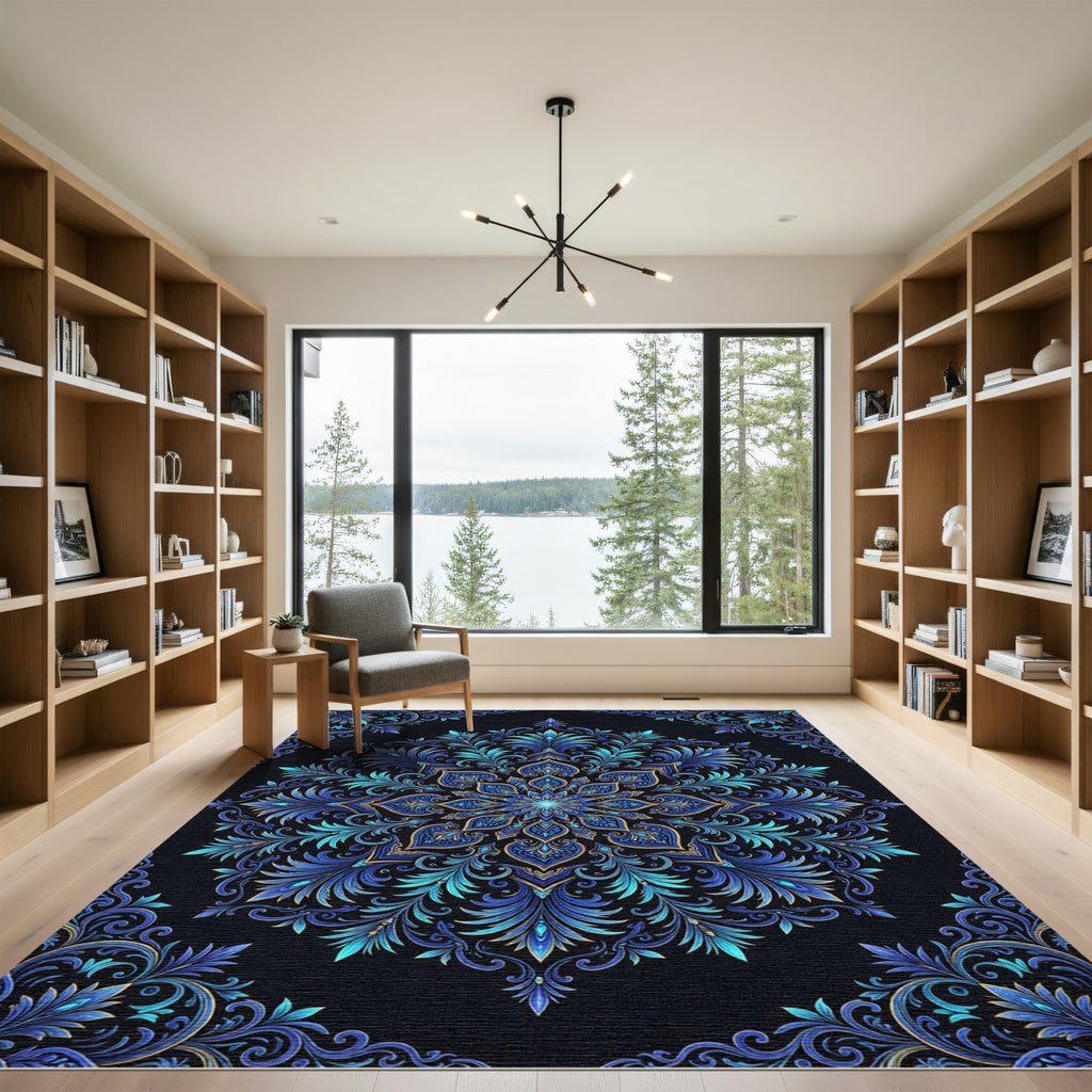 Radiant Azure Filigree Floral Medallion Rug