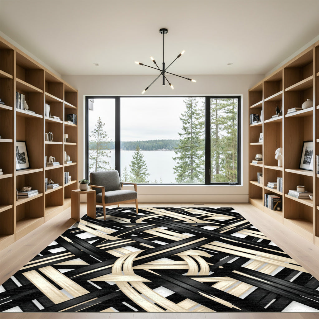 Monochrome Interwoven Black and Cream Ribbon Rug