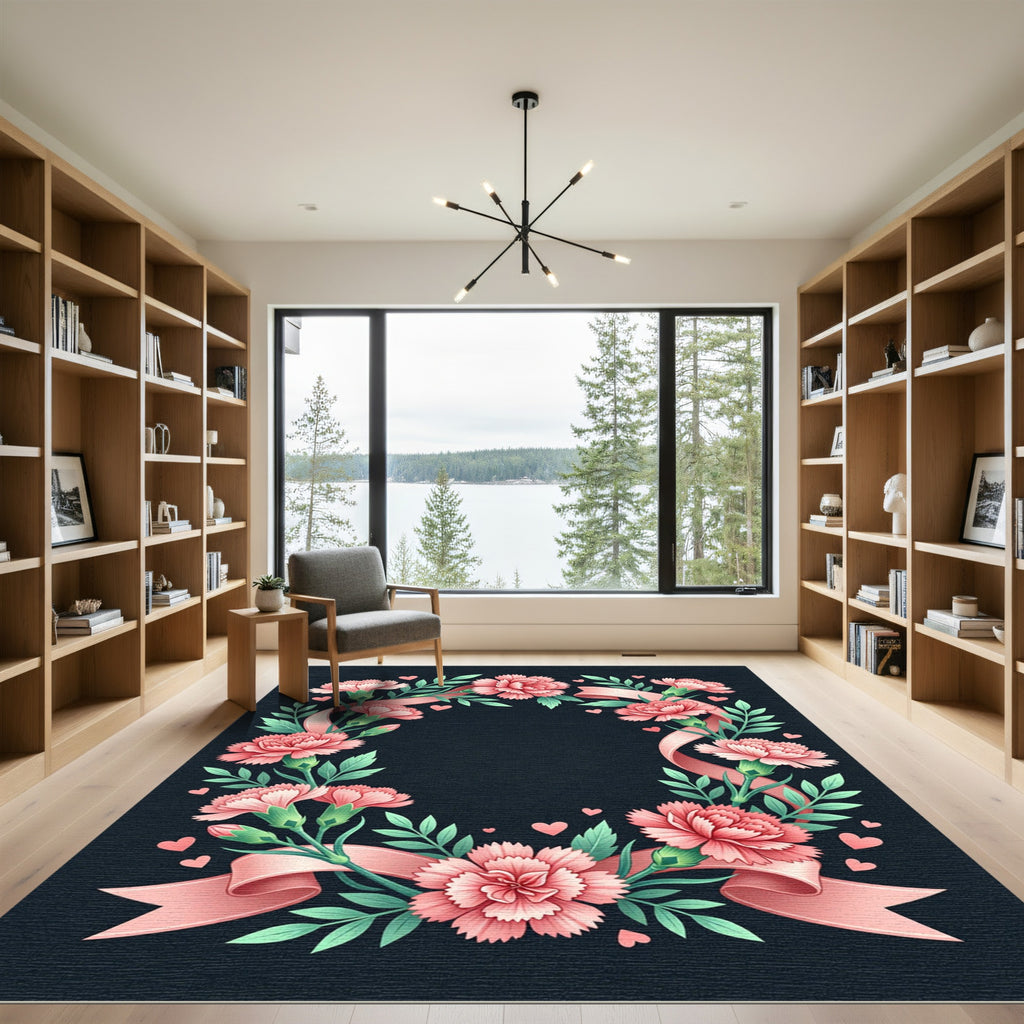 Pink Carnation Ribbon Heart Wreath Rug