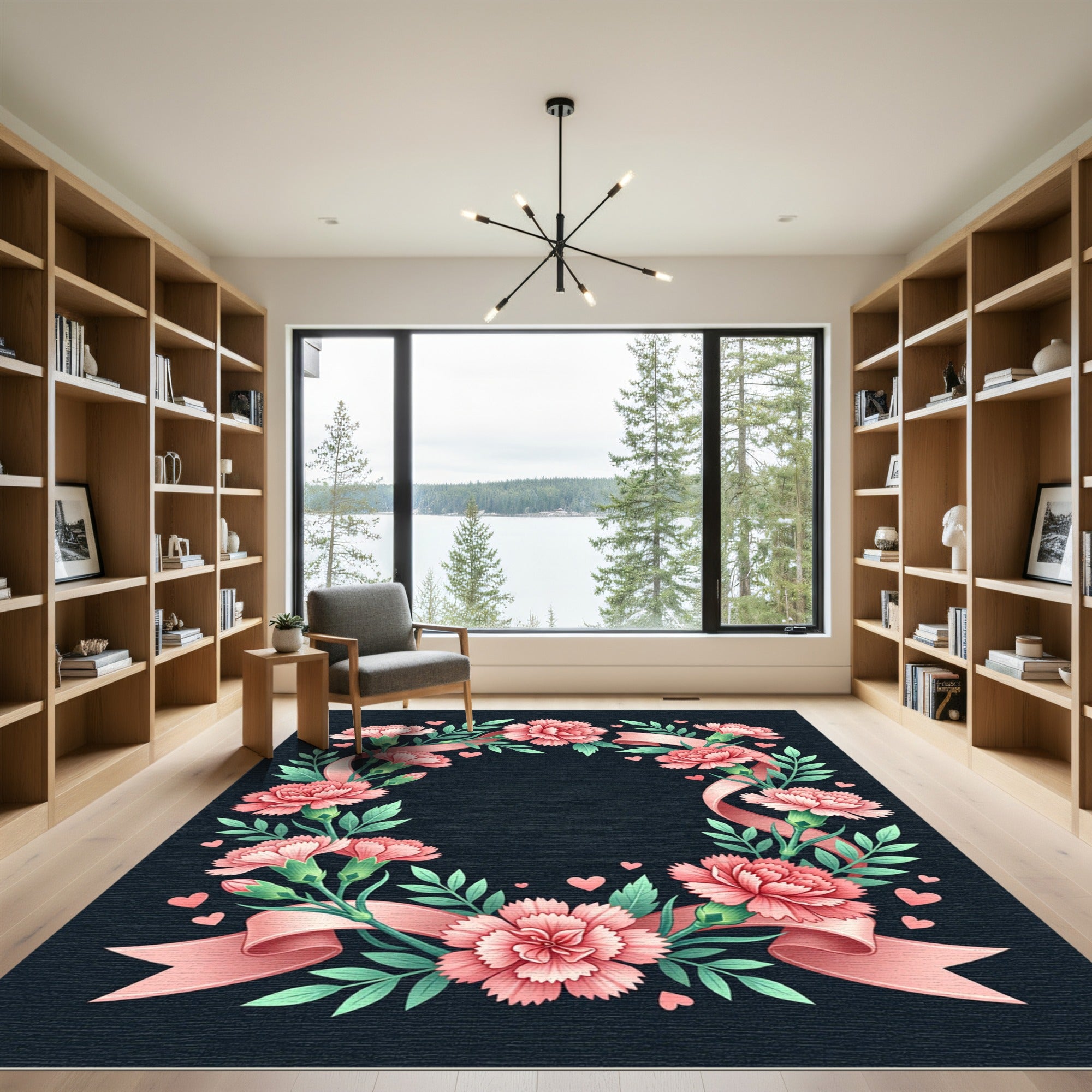 Pink Carnation Ribbon Heart Wreath Rug