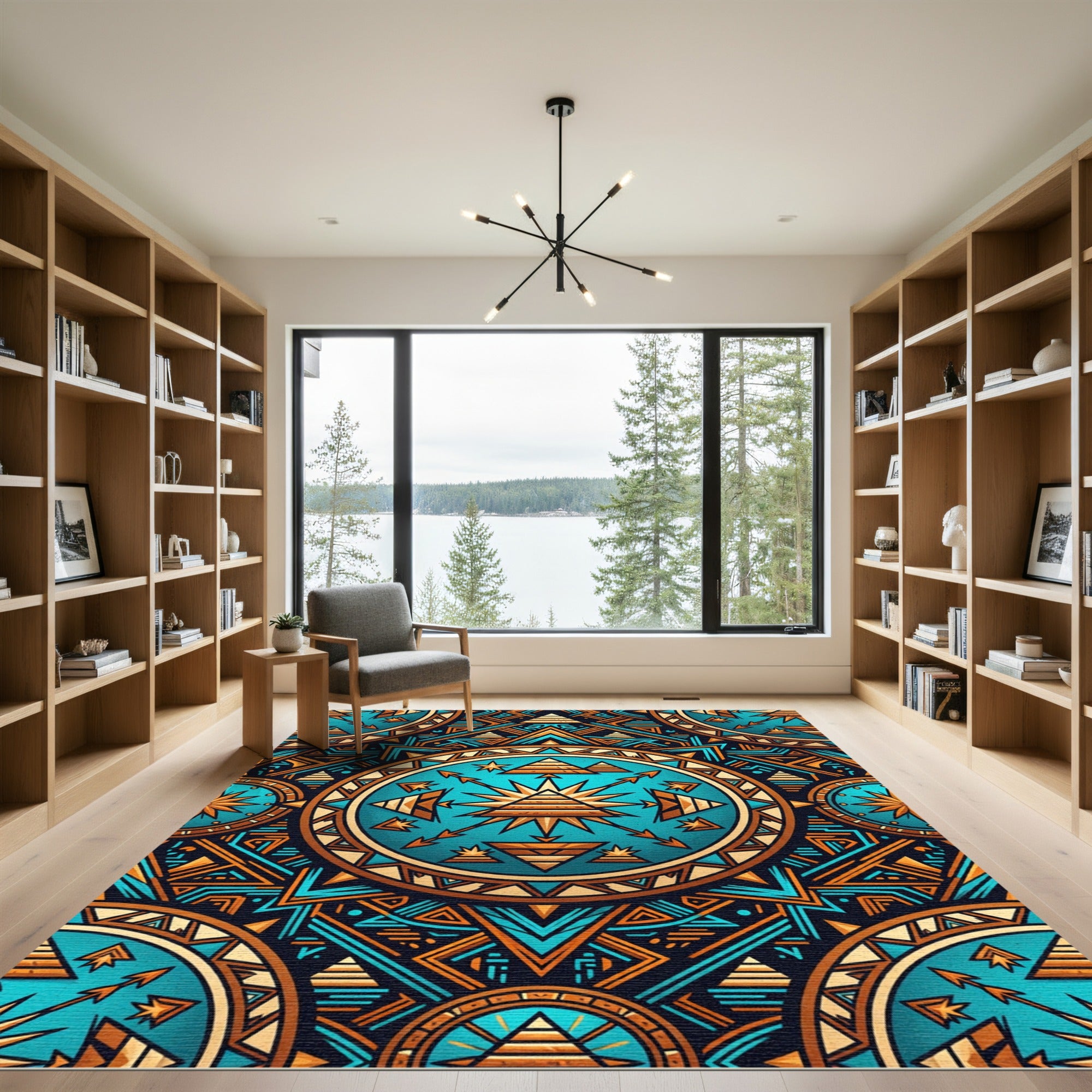 Golden Pyramid Turquoise Celestial Geometric Mandala Rug