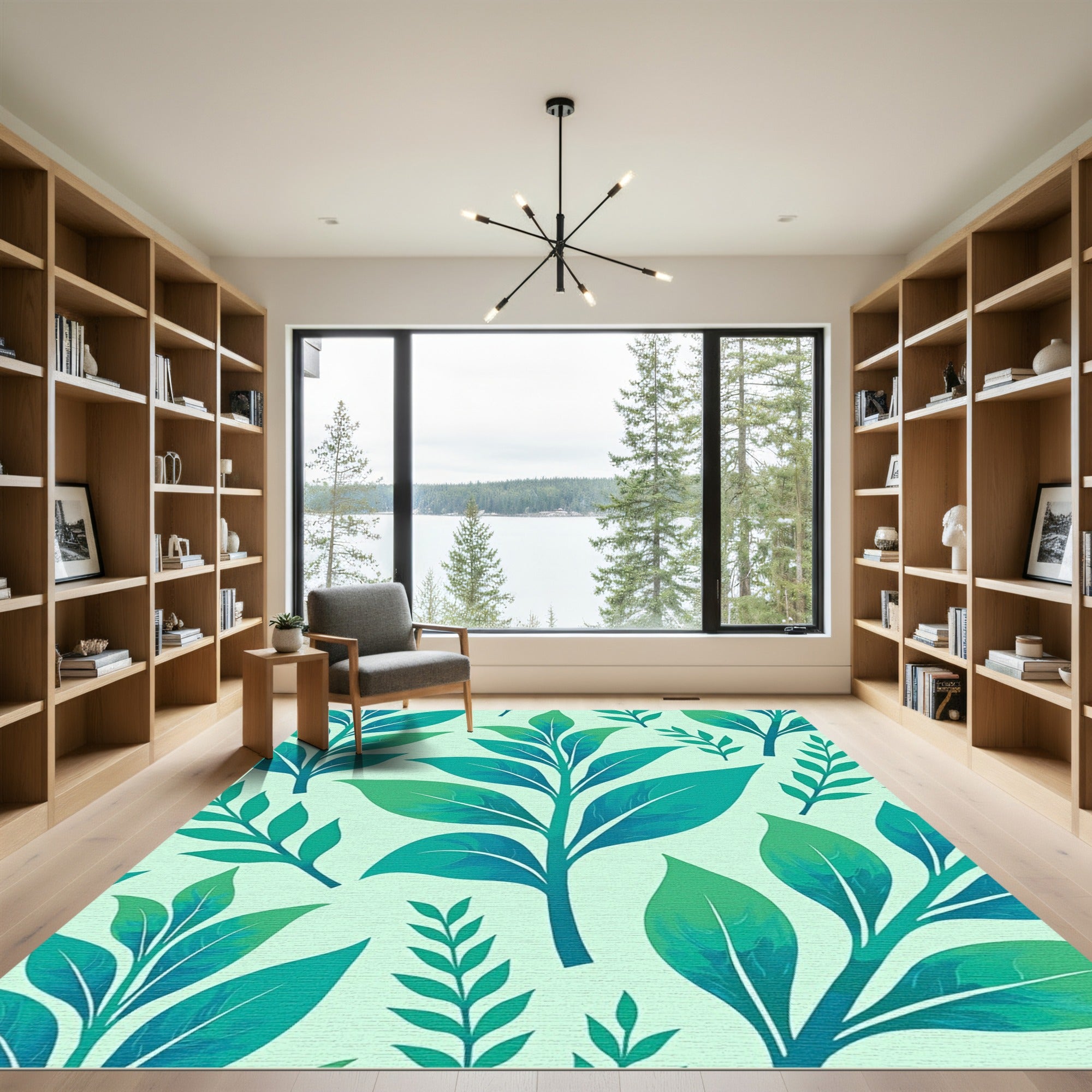 Teal Green Leafy Botanical Arrangement Rug