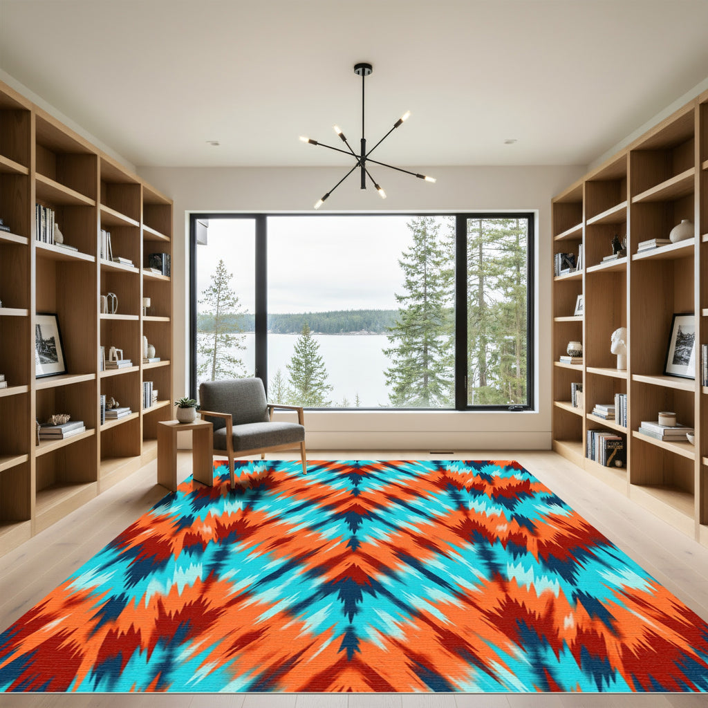 Fiery Orange Teal Zigzag Chevron Rug