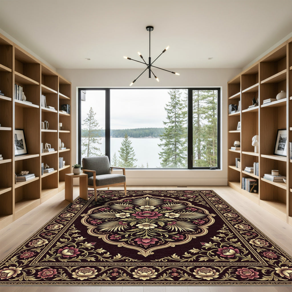 Elegant Burgundy Floral Symmetry Area Rug