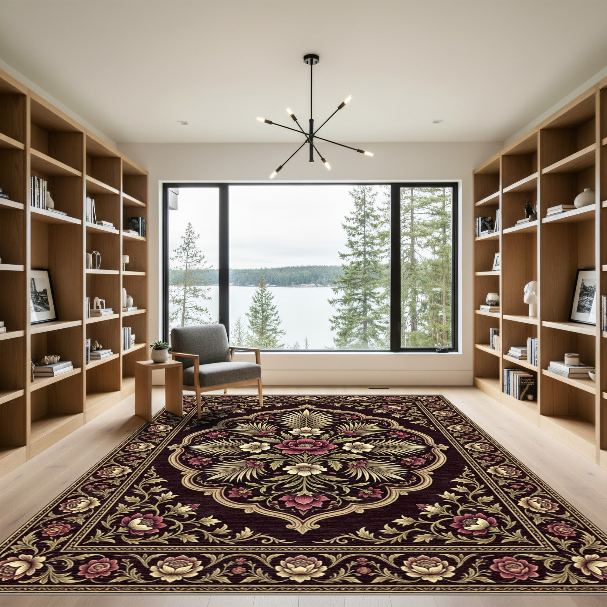 Elegant Burgundy Floral Symmetry Area Rug