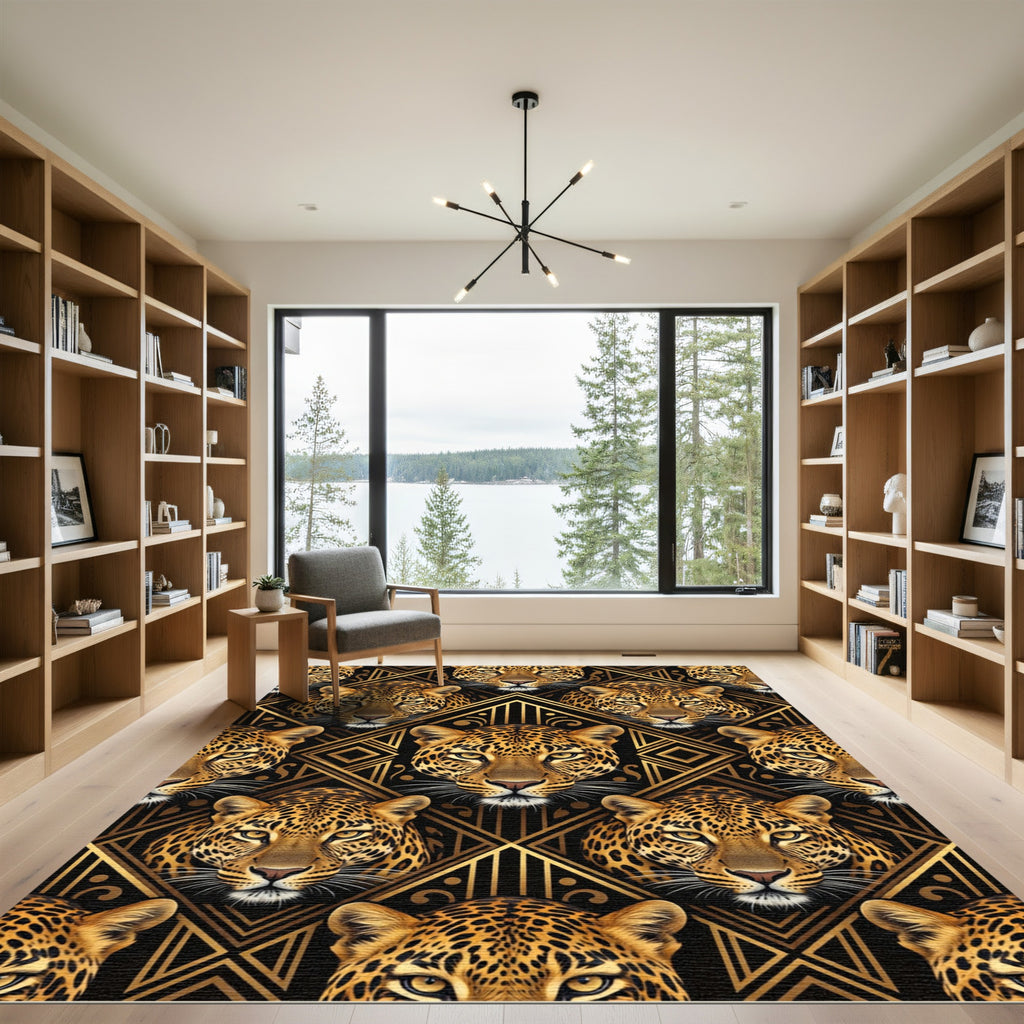Gold Art Deco Leopard Geometric Grid Rug