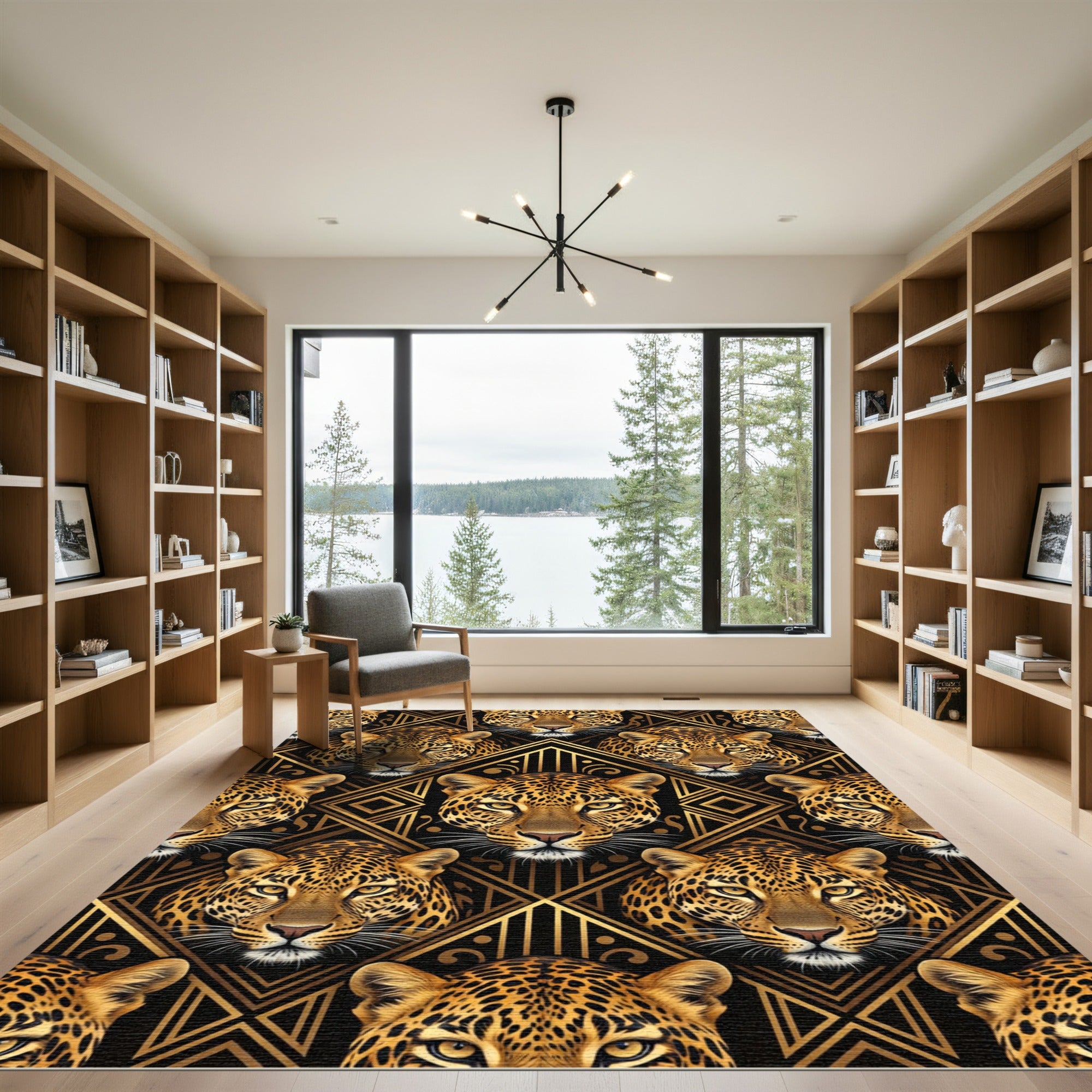 Gold Art Deco Leopard Geometric Grid Rug