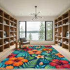 Vibrant Tropical Hibiscus Floral Botanical Rug