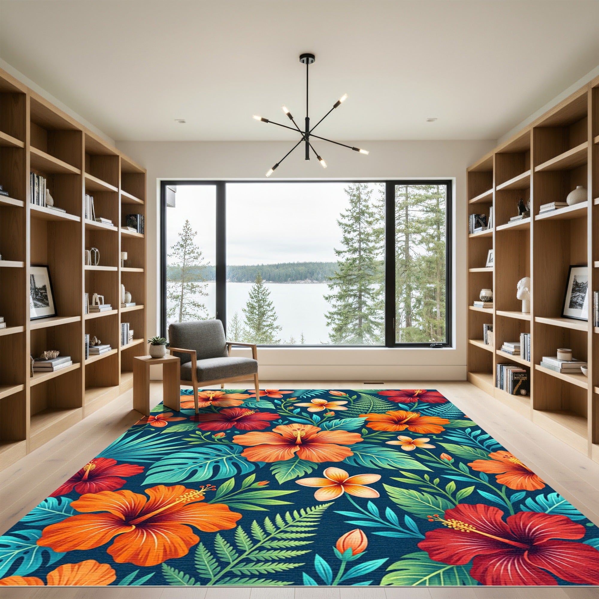 Vibrant Tropical Hibiscus Floral Botanical Rug