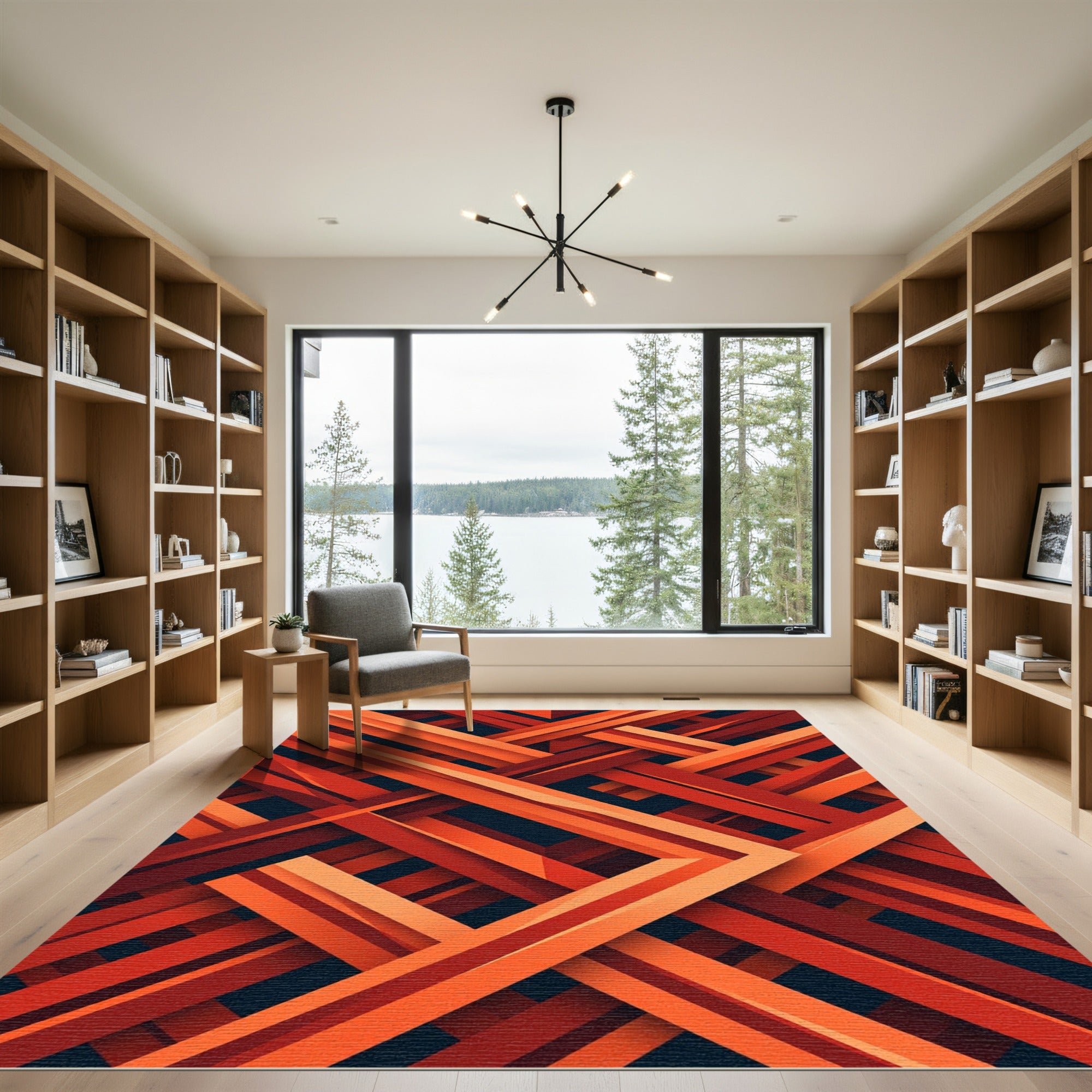 Geometric Intersecting Crimson Amber Linear Art Rug