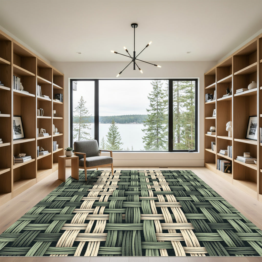 Sage and Cream Woven Textured Grid Rug