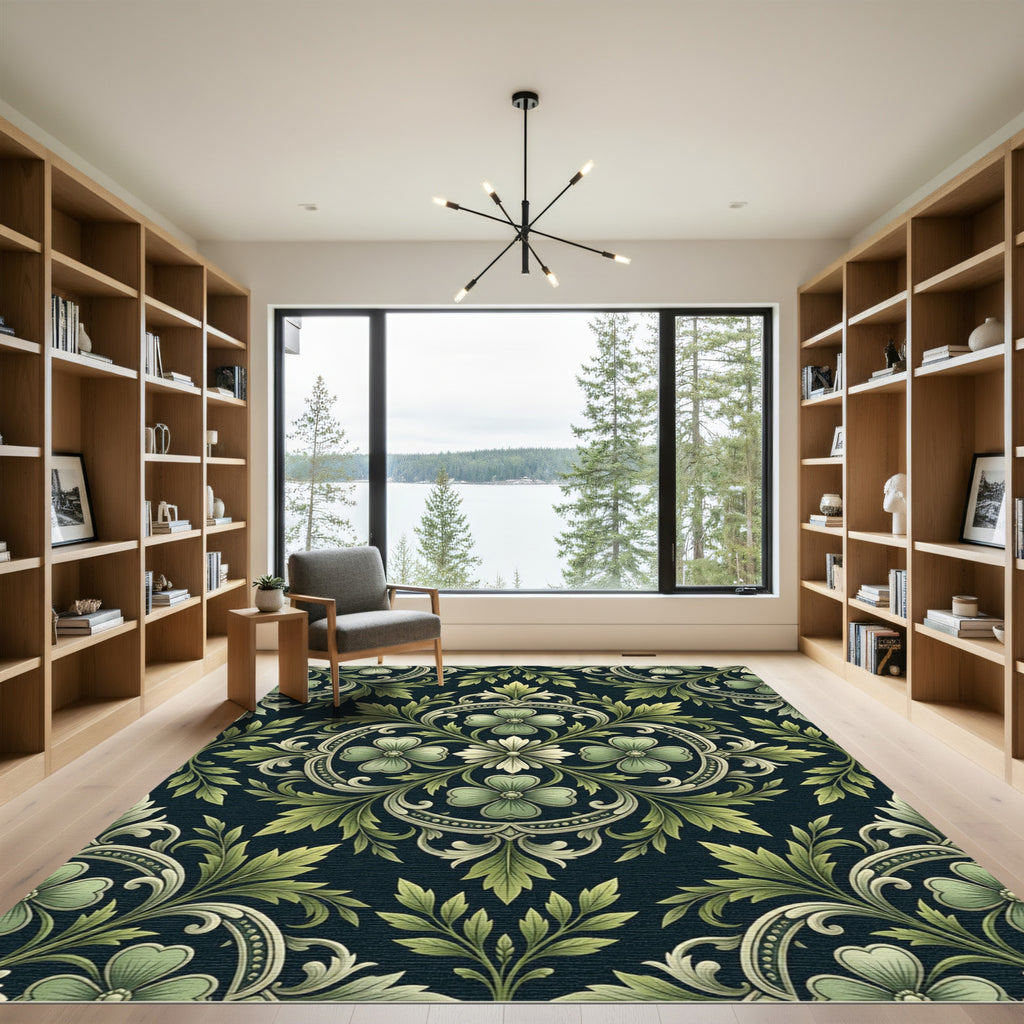 Elegant Sage Green Floral Damask Rug
