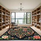 Coral Pink Floral Scrollwork Black Rug