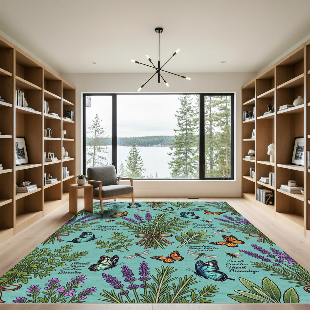 Blue Butterflies Lavender Garden Scene Rug