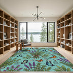 Blue Butterflies Lavender Garden Scene Rug