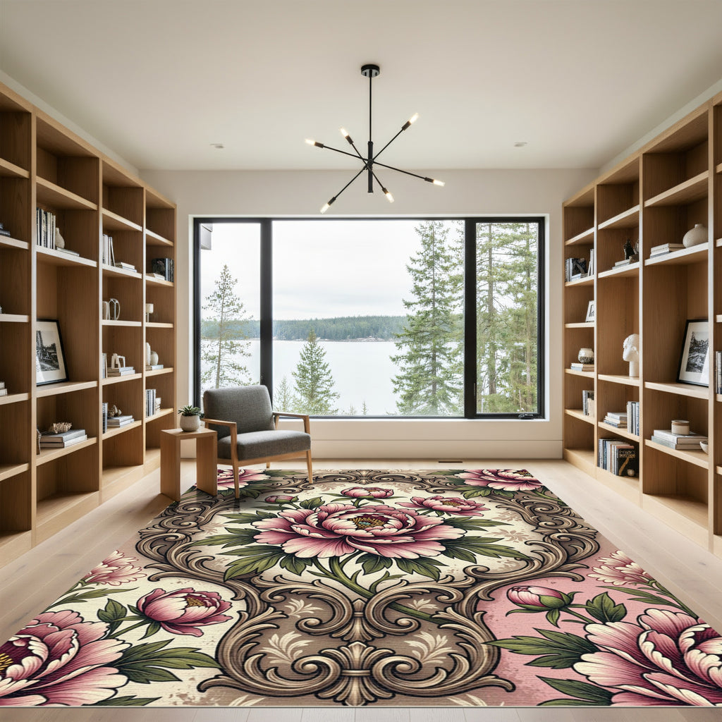 Pink Floral Damask Ornate Scroll Rug