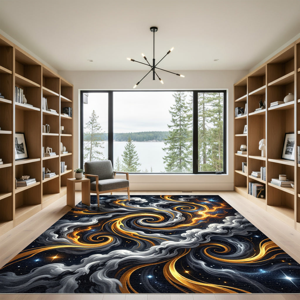 Golden Celestial Swirl Starry Night Rug