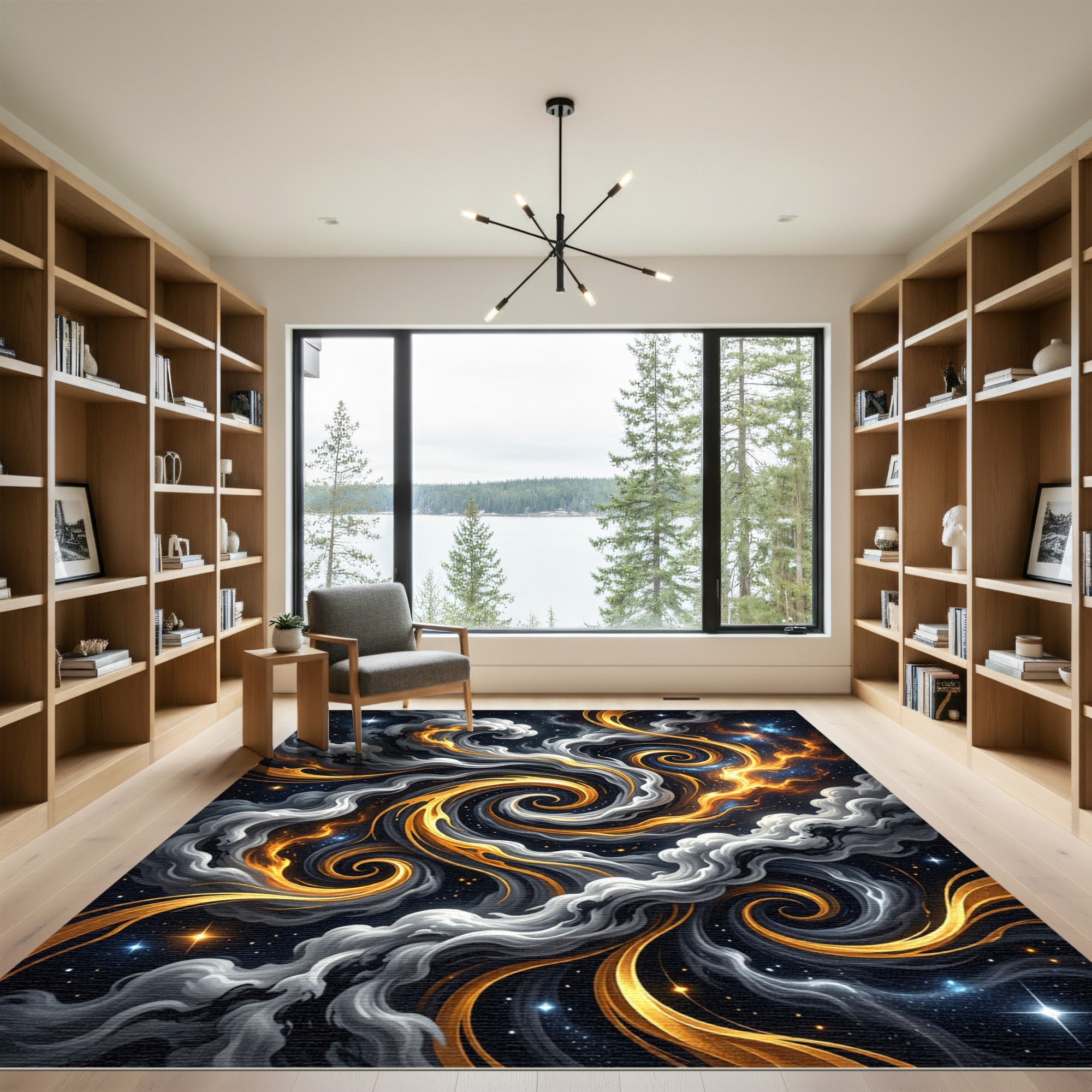 Golden Celestial Swirl Starry Night Rug
