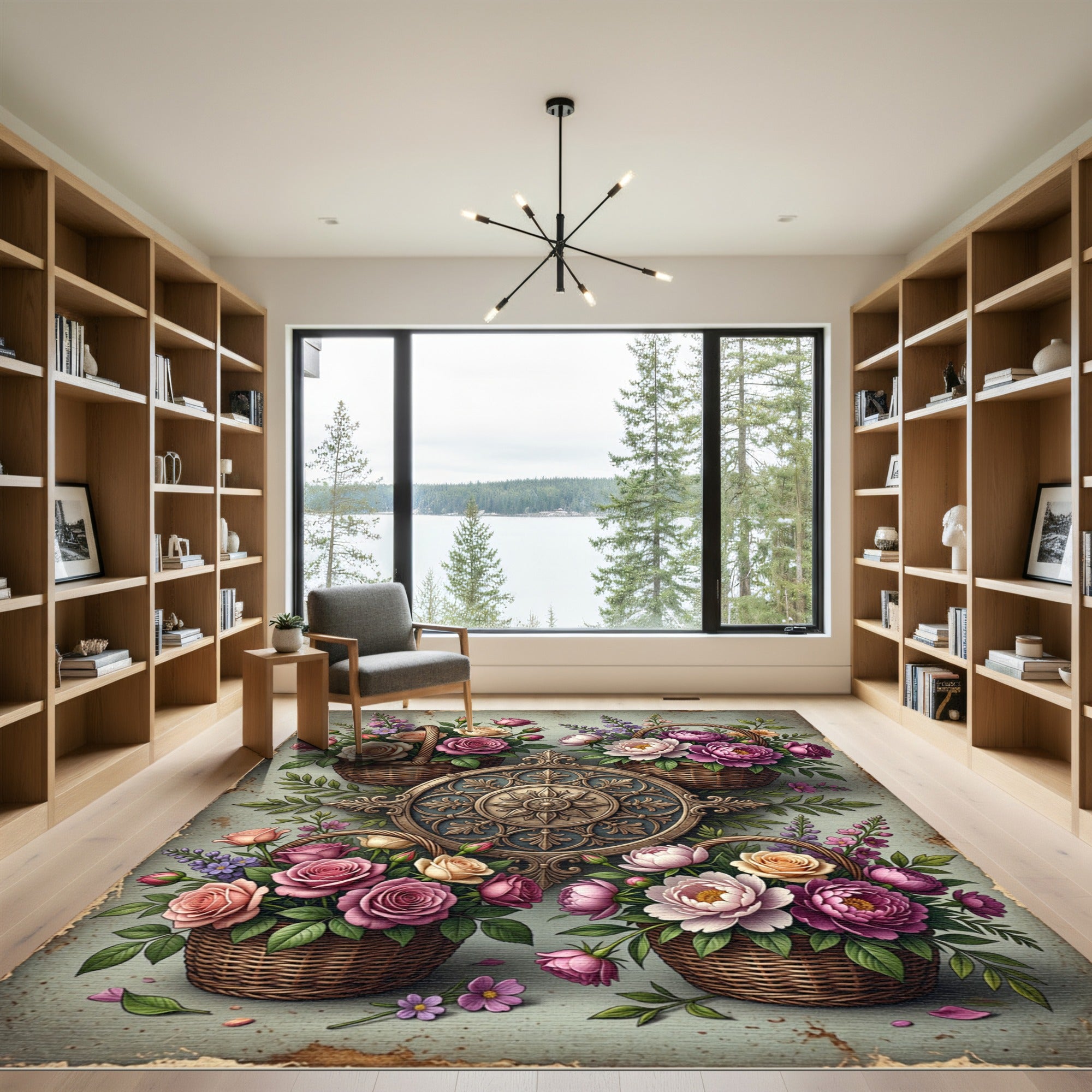 Vintage Floral Garden Basket Medallion Rug