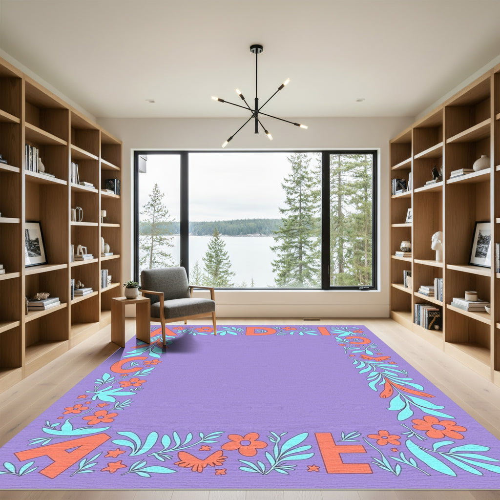Coral Orange Floral Border With Letters Rug