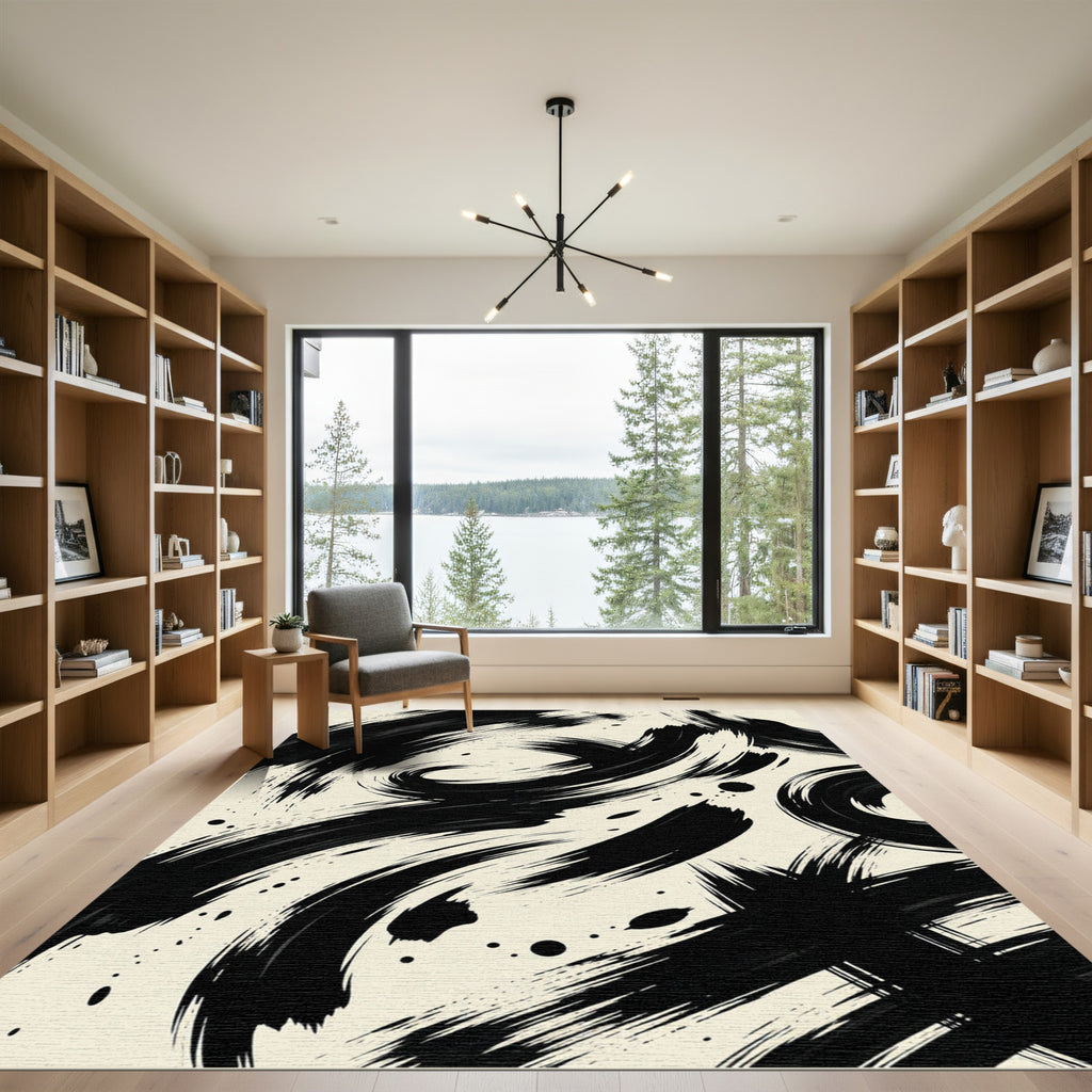 Bold Black Ink Swirl Abstract Rug