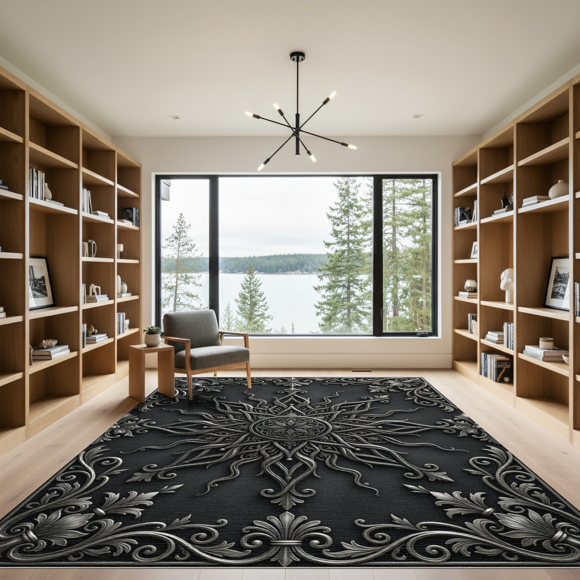 Luxurious Silver Ornate Filigree Medallion Rug