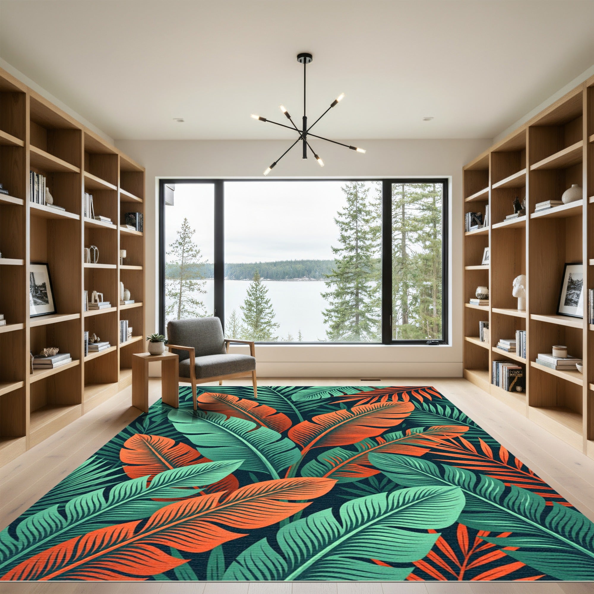 Lush Green and Orange Tropical Foliage Rug