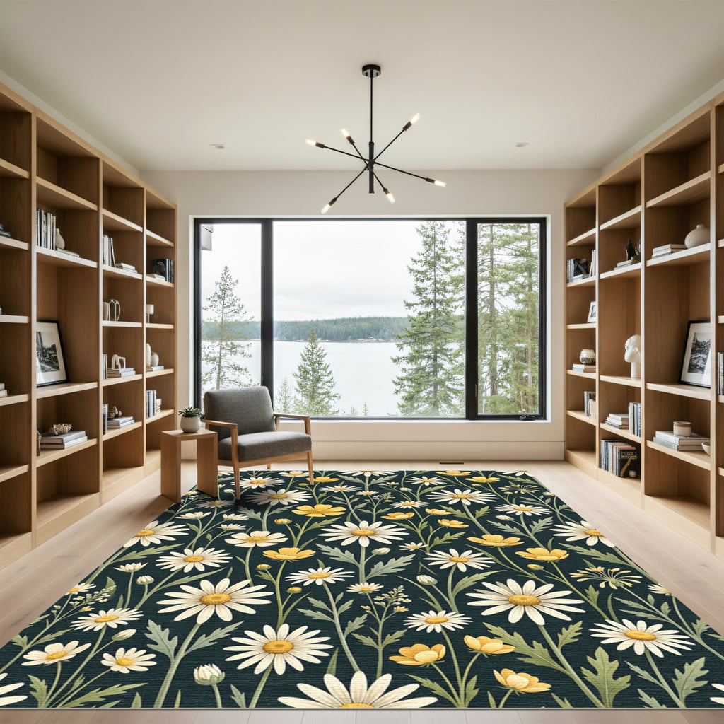 Dainty White Daisy Meadow Watercolor Rug