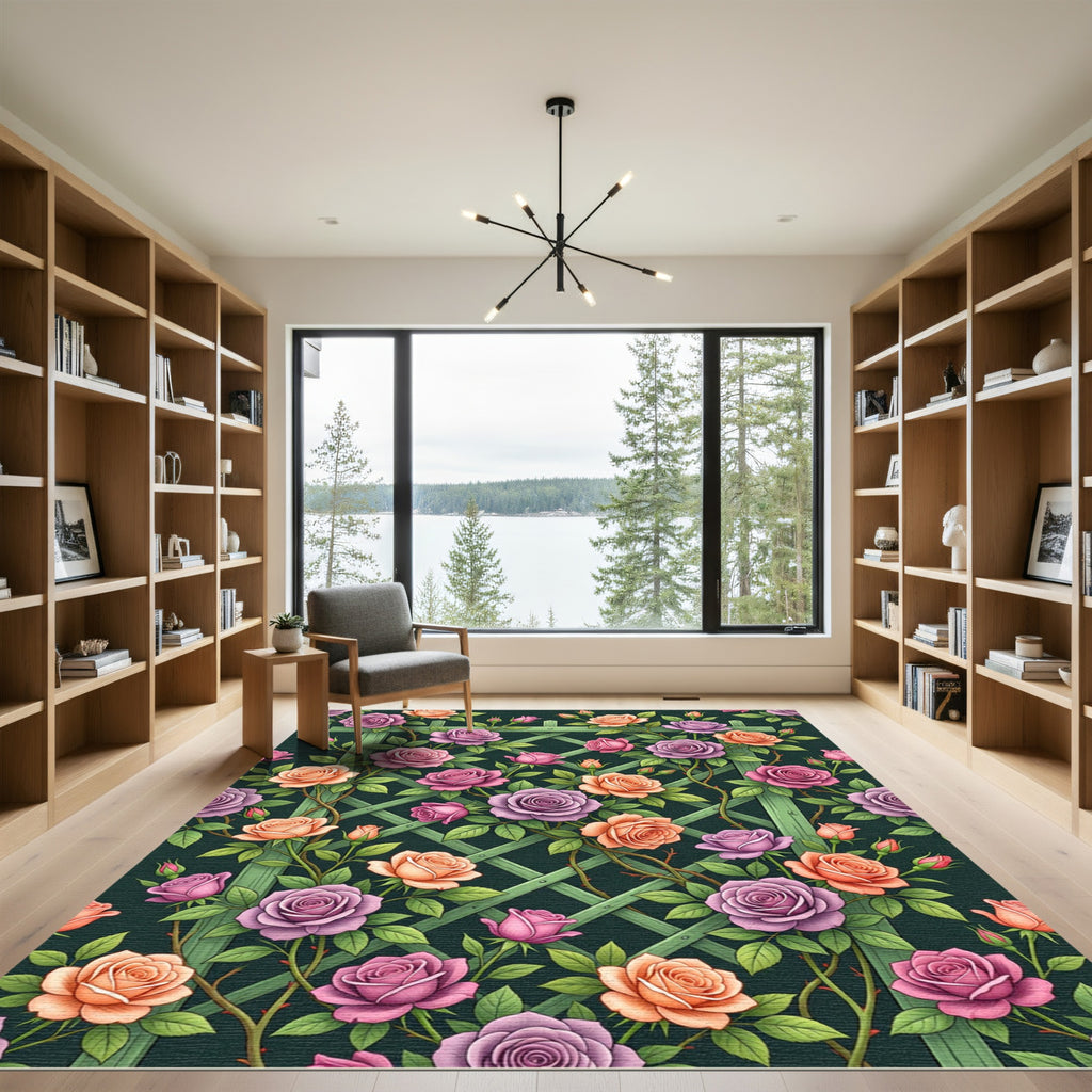 Lush Pastel Rose Trellis Garden Rug