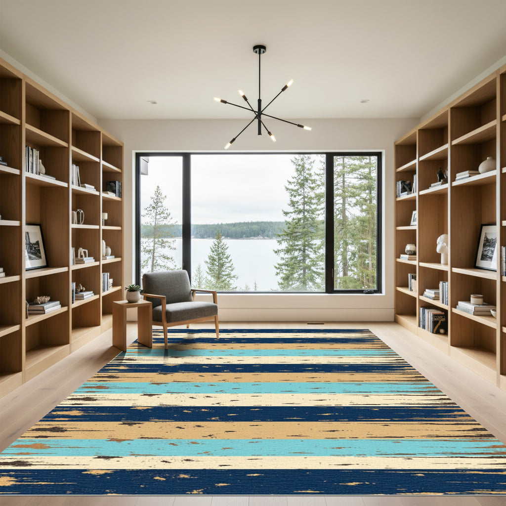 Distressed Navy Beige and Turquoise Striped Rug