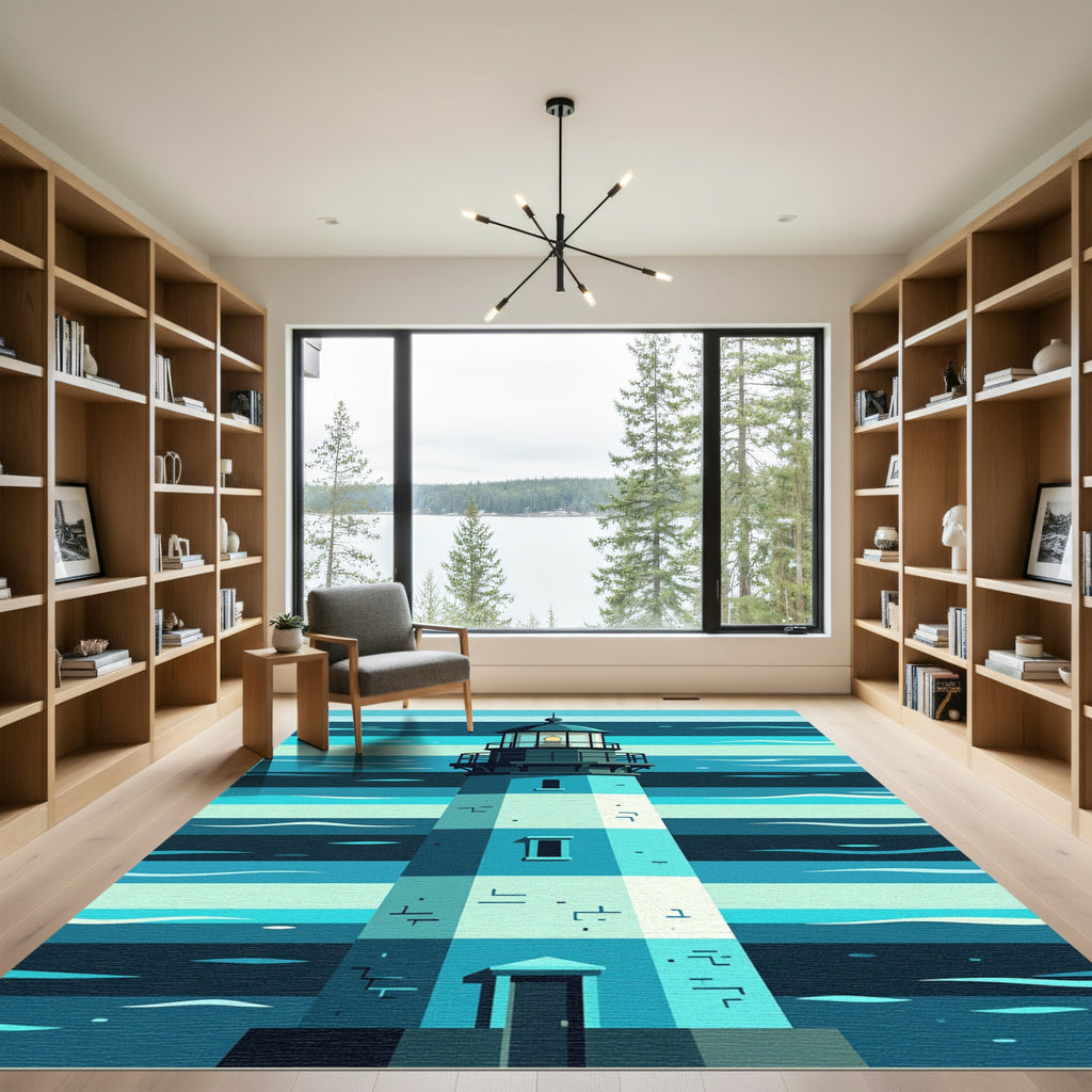 Coastal Lighthouse Navy Blue Striped Art Rug