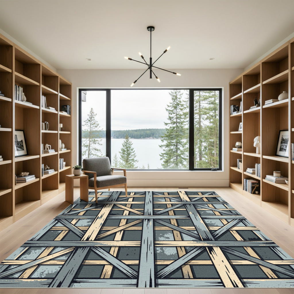 Rustic Wood Beam Grid Rug
