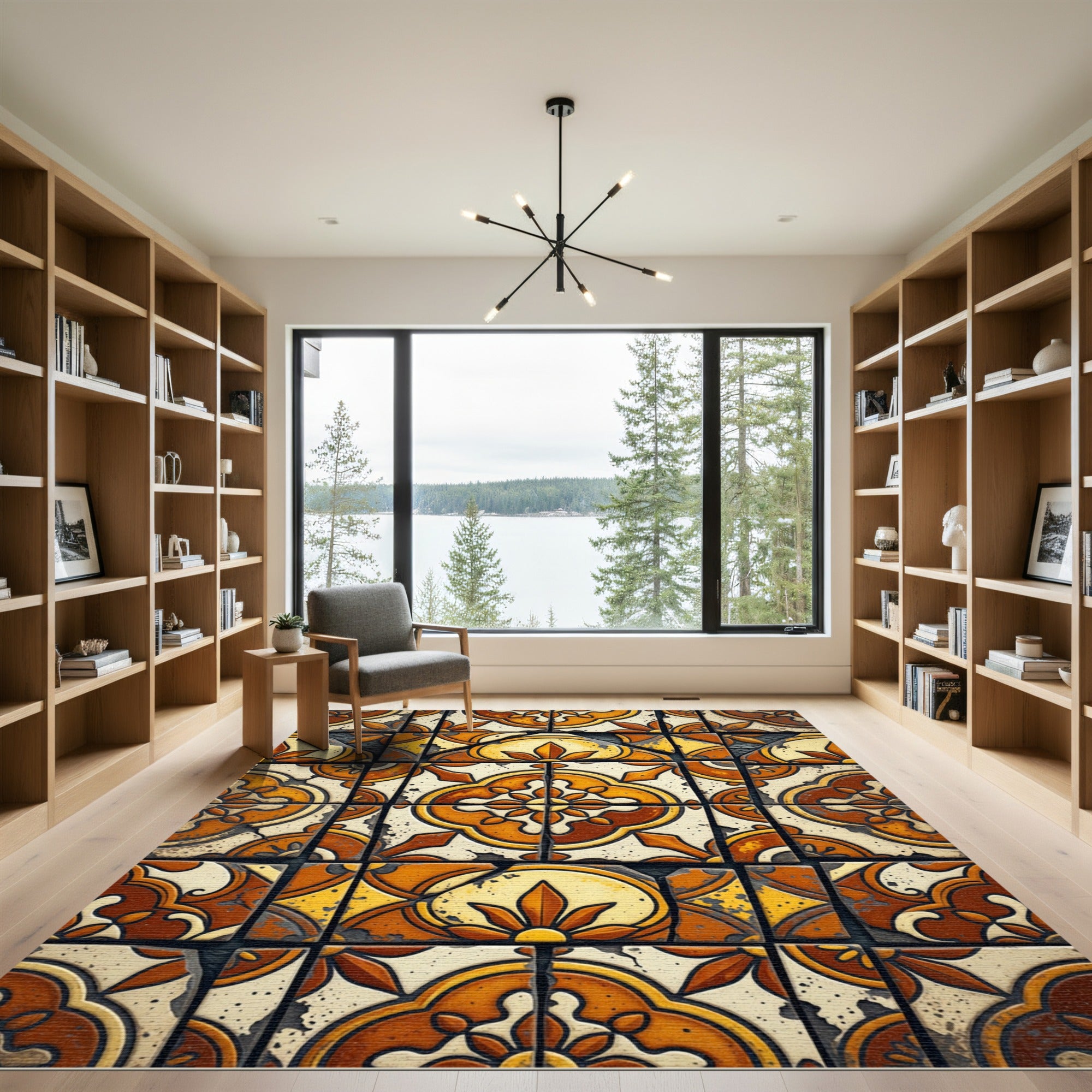 Rustic Ochre Floral Medallion Tile Rug