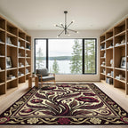 Deep Red Floral Illustration Border Rug