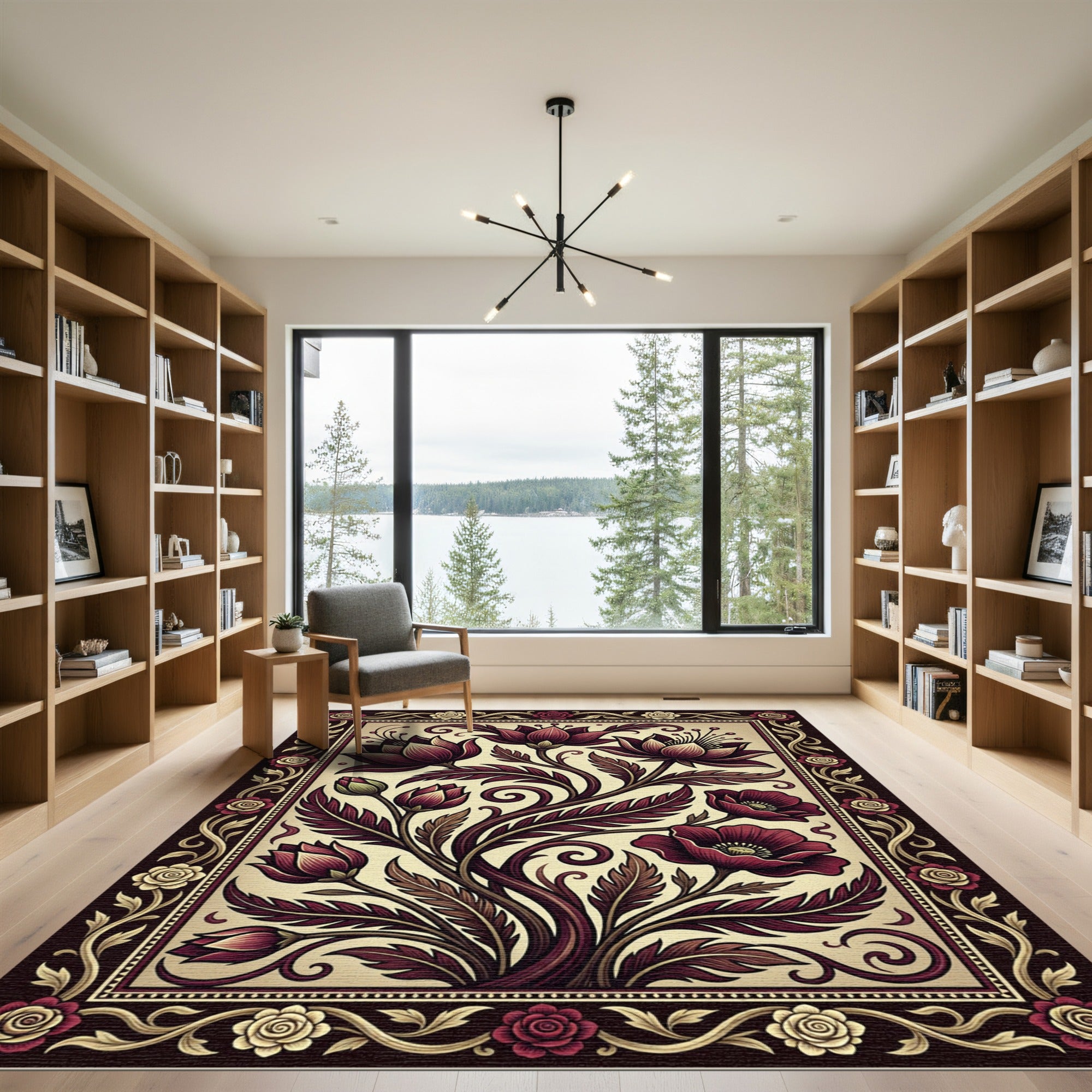 Deep Red Floral Illustration Border Rug