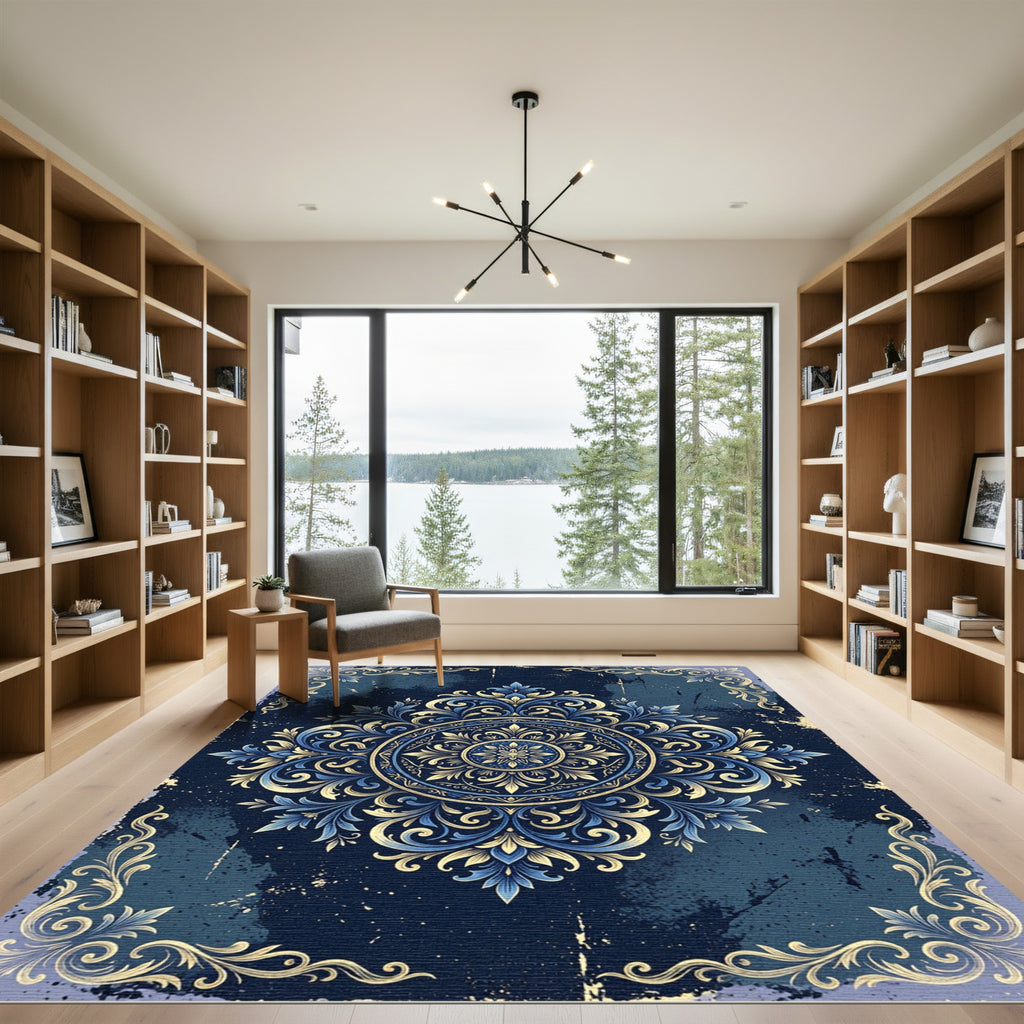 Ornate Gold and Navy Floral Medallion Rug
