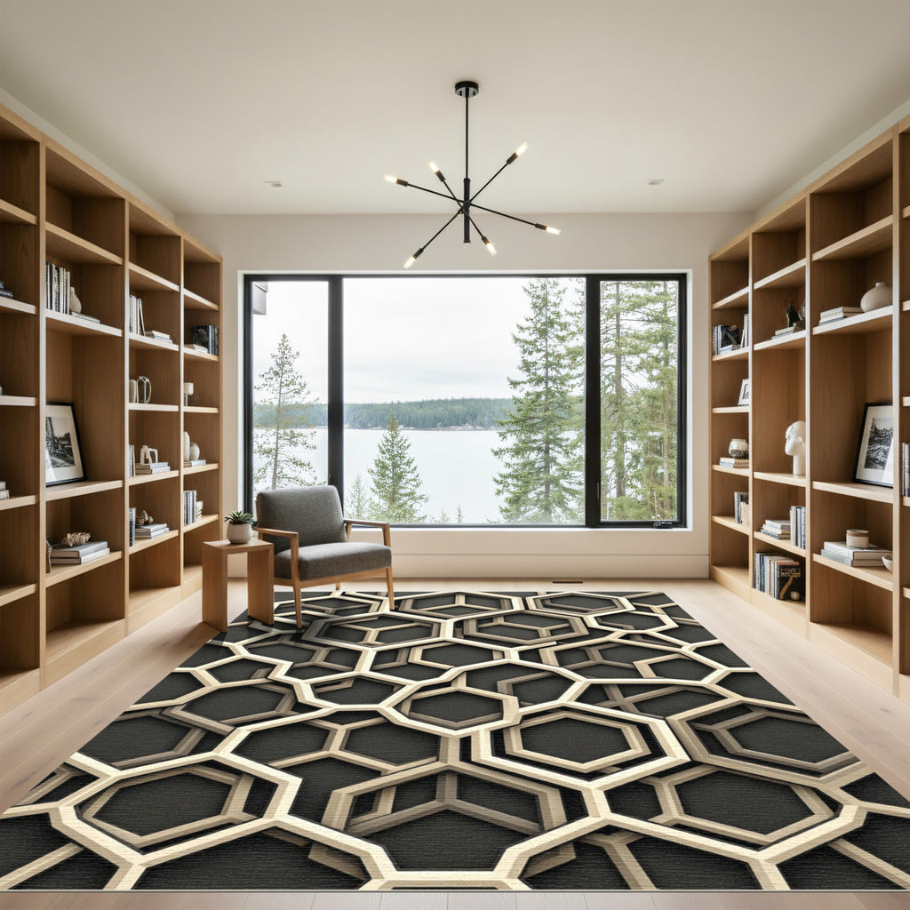 Cream Hexagonal Overlay Geometric Rug