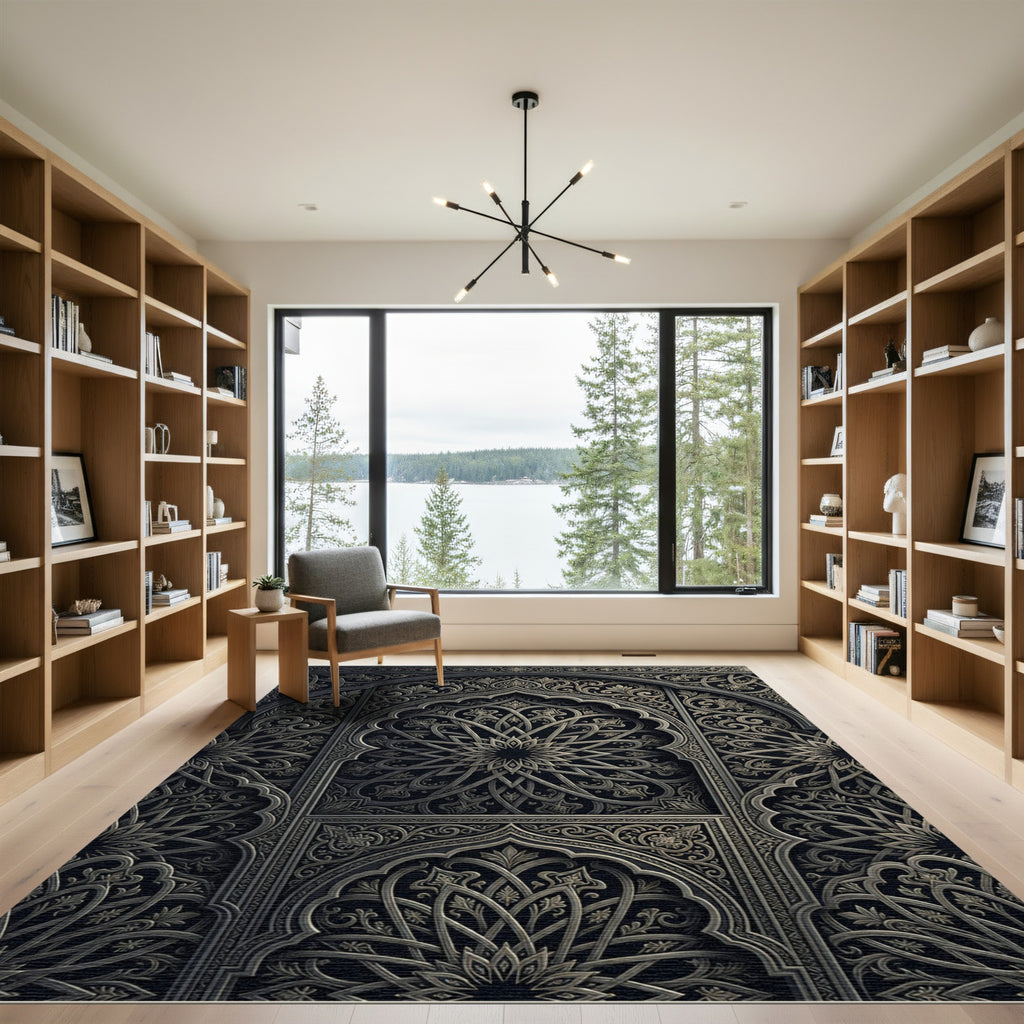 Intricate Charcoal Metallic Medallion Arched Art Rug