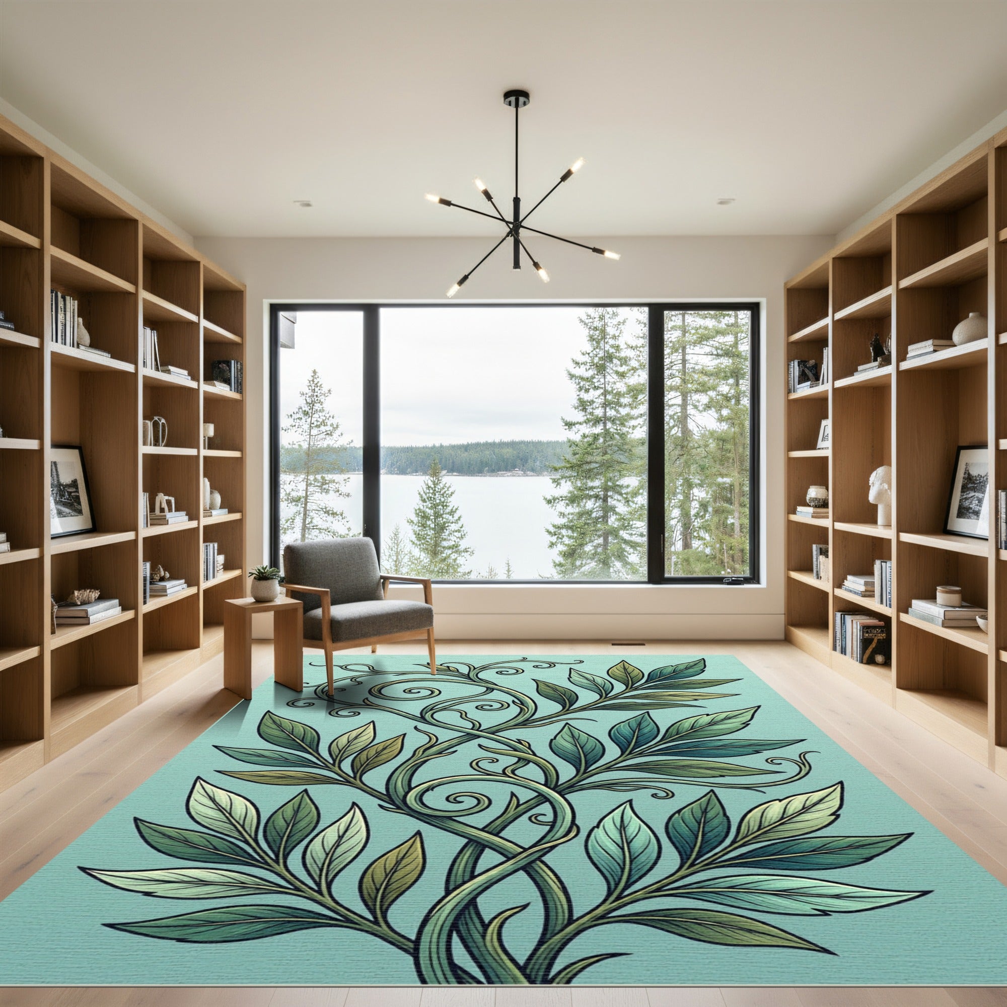 Earthy Green Botanical Swirl Vine Rug